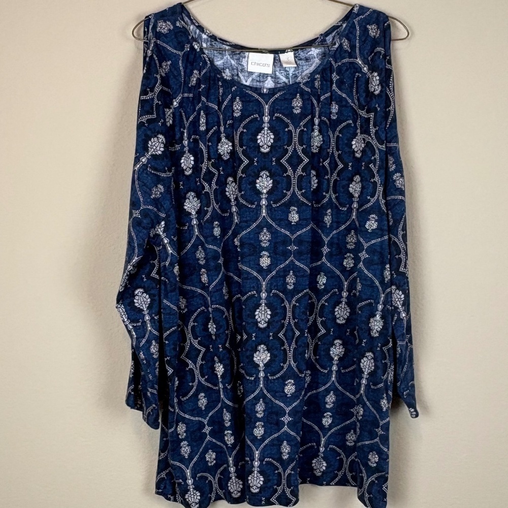 NWT Chico's Blue Elaborate Medallion Cold Shoulder Long Sleeve Beaded Detail